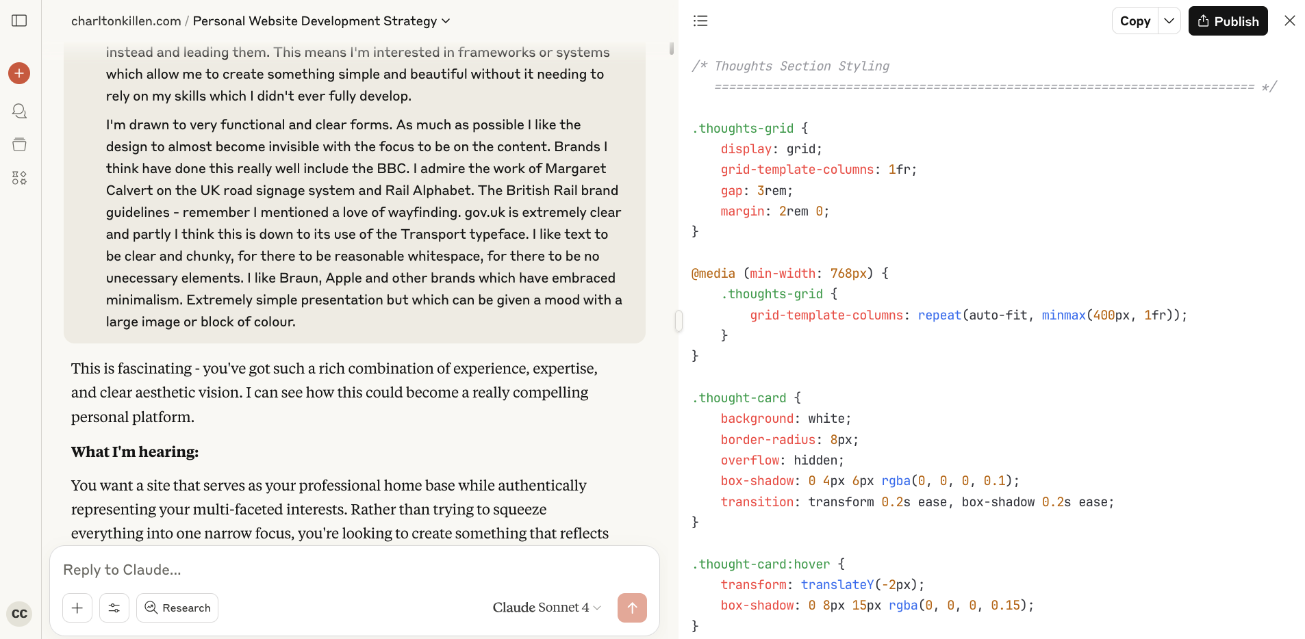 Screenshot of working with Claude to build this website