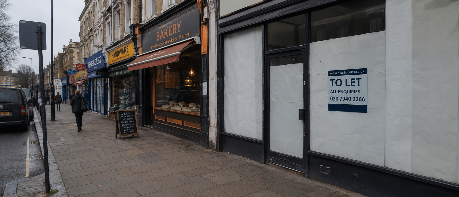 A British high street with a mix of occupied shops and empty units