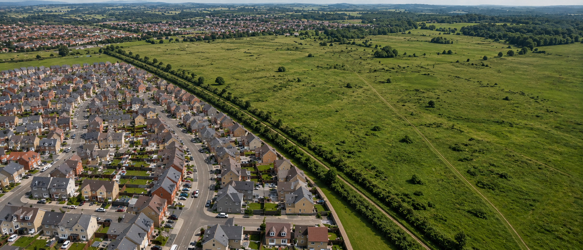 Aerial view of a UK housing estate bordered by undeveloped land sitting idle