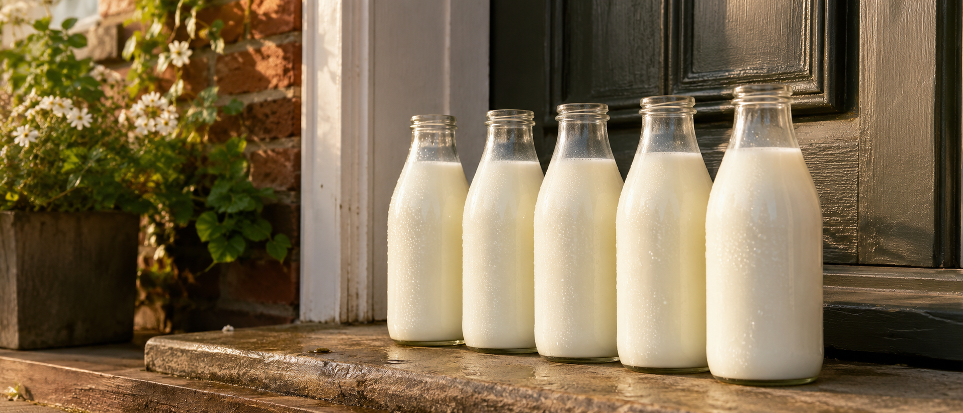 Glass milk bottles in a crate