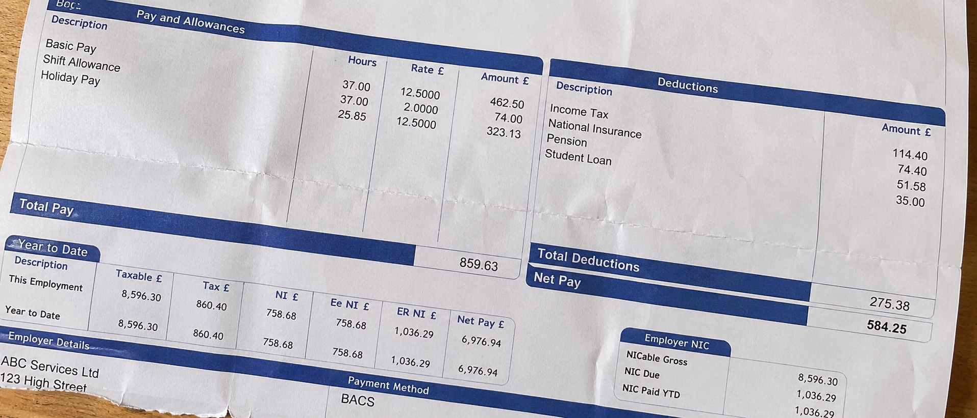 A close-up of a British payslip