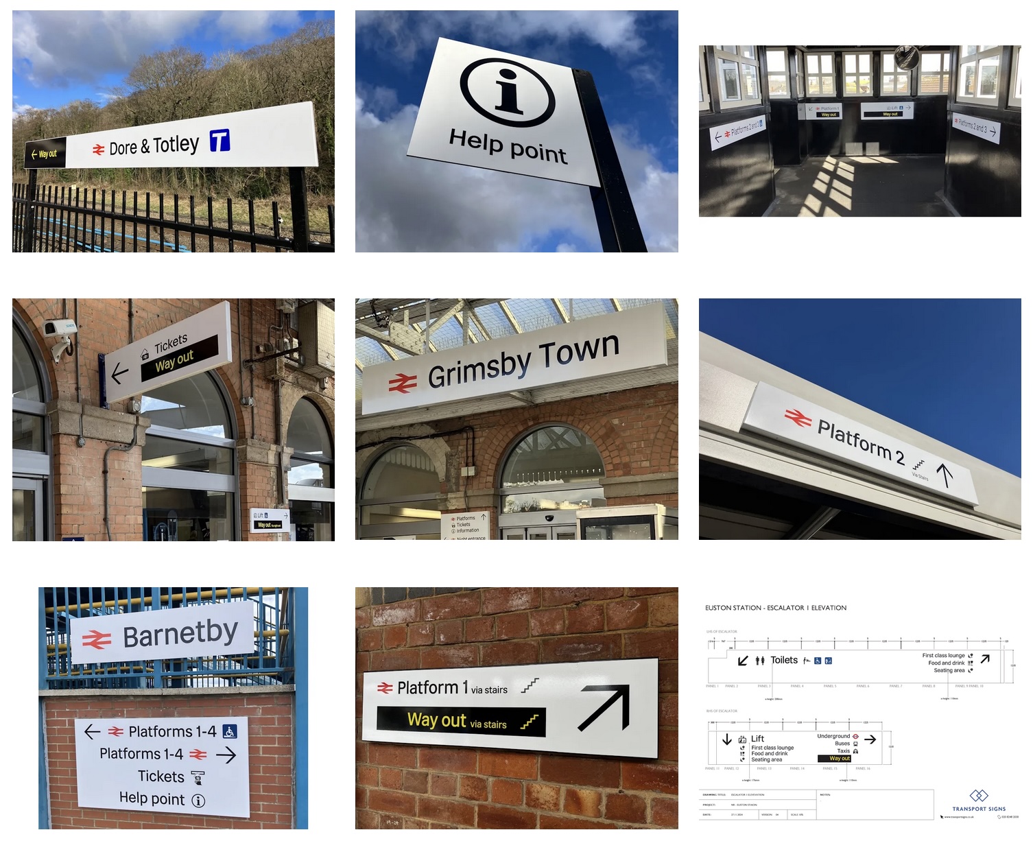 A series of photos of different station signage using Rail Alphabet 2 and the double arrow logo